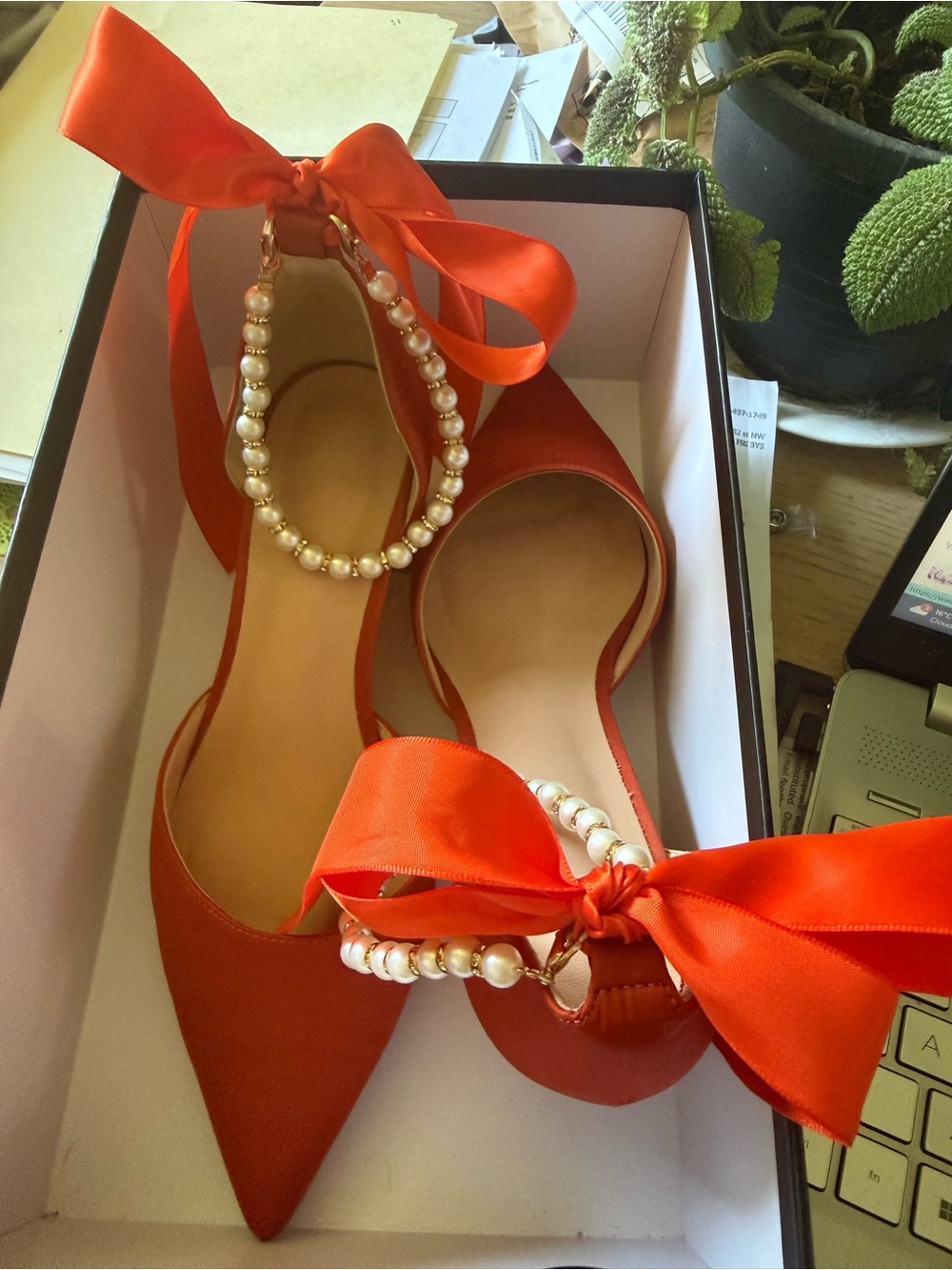 Red Satin Pointed-Toe Flats with Pearl Ankle Straps
